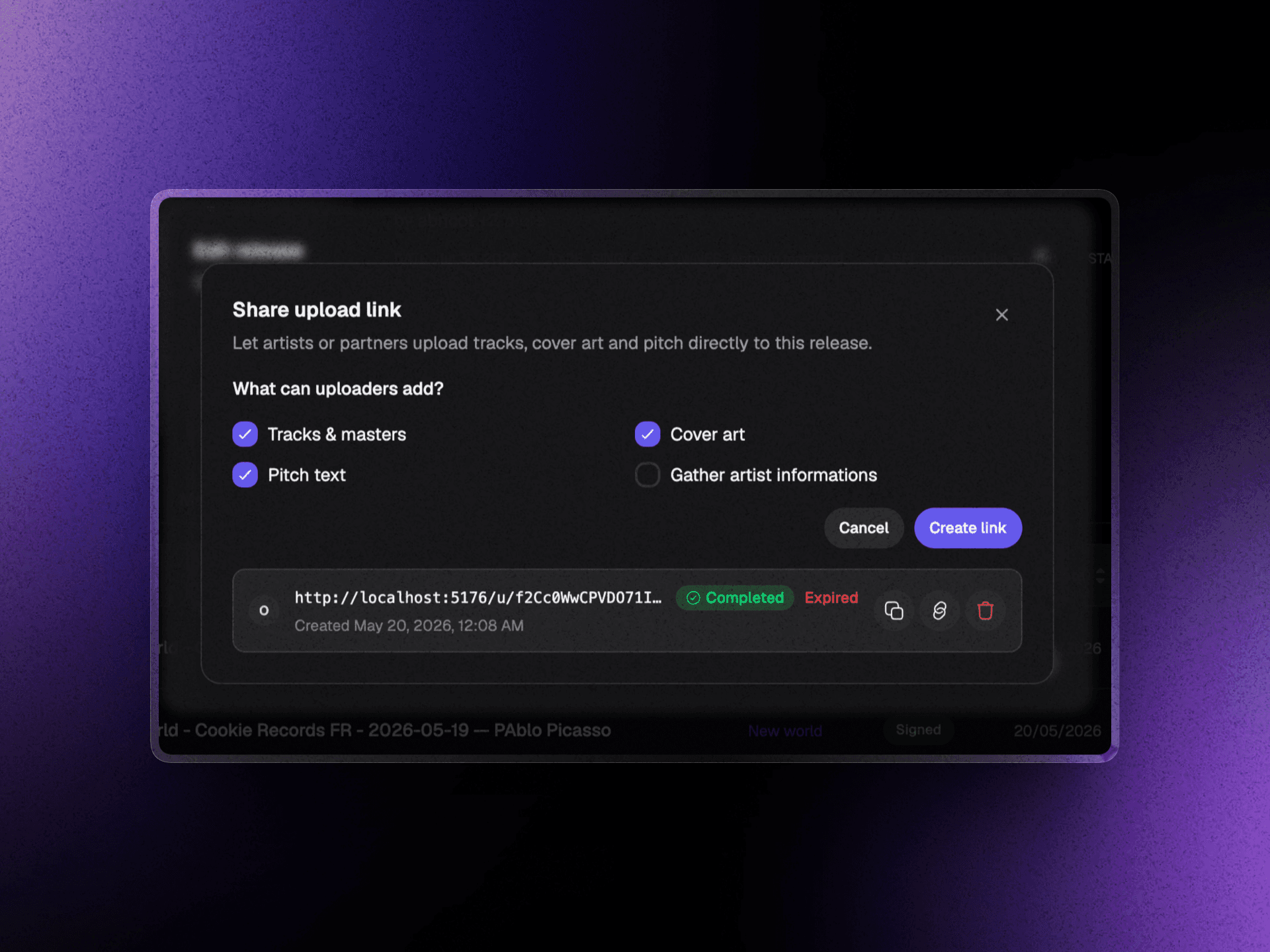 Share an upload link to collect assets & artist info
