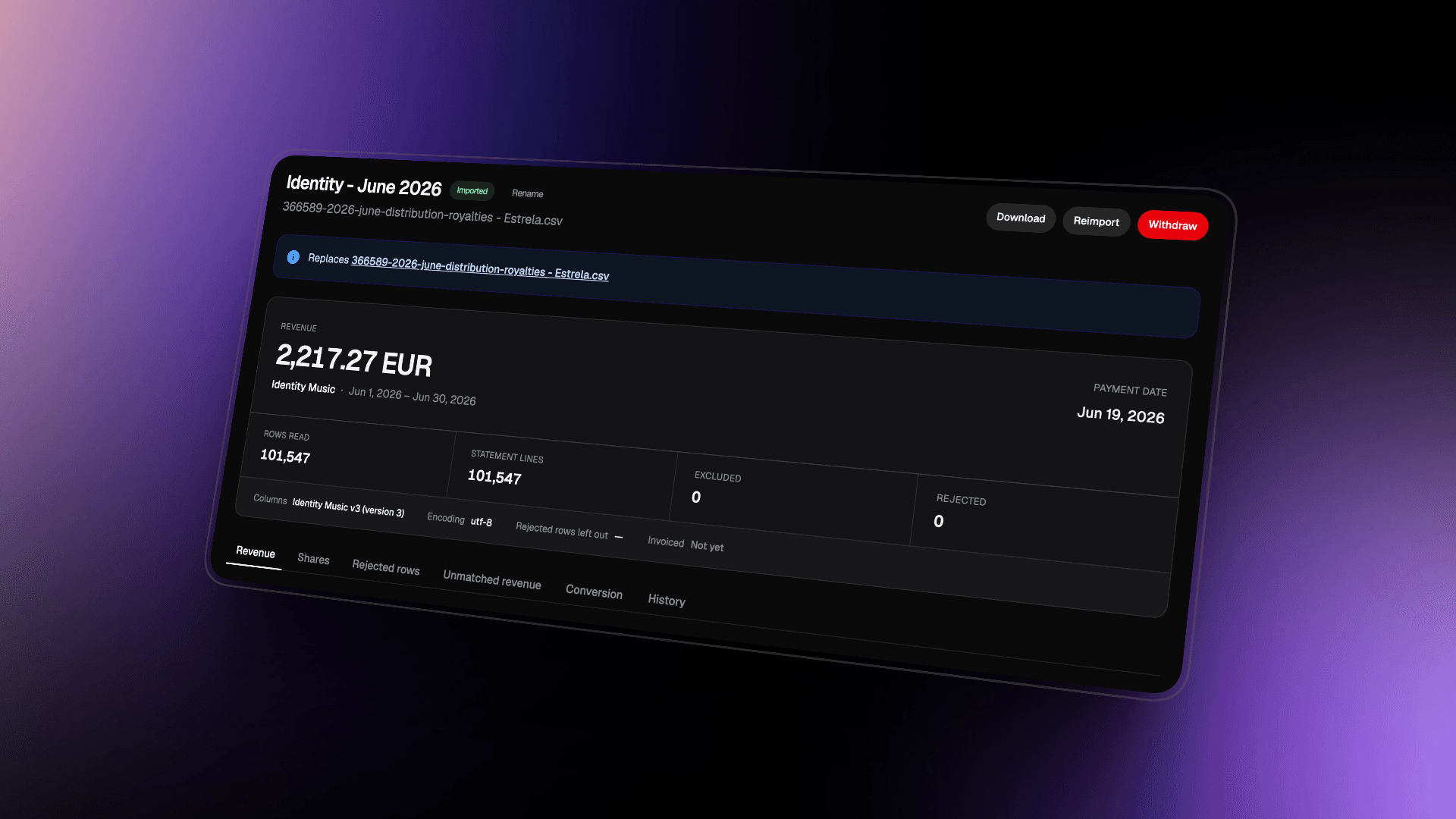 Import royalty statements from any distributor — with AI