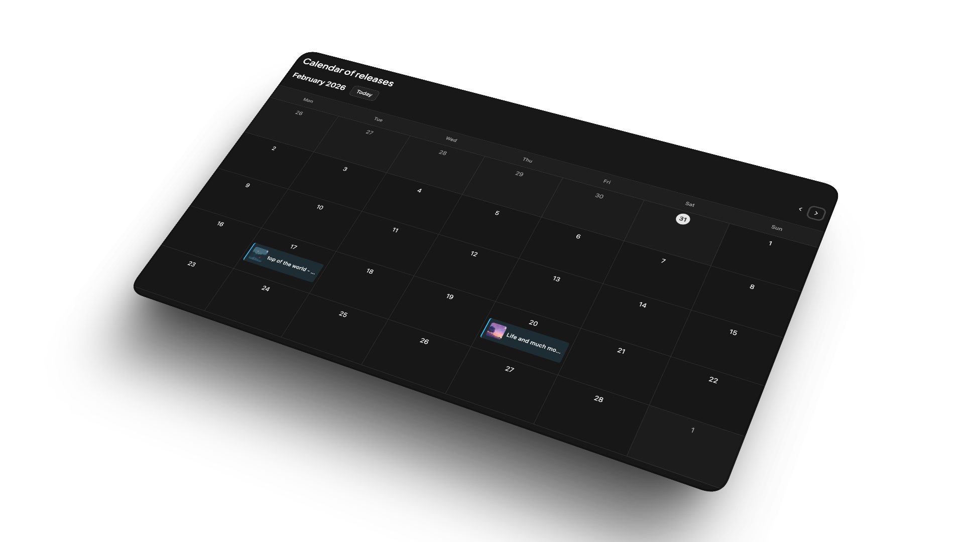 Visual release calendar showing scheduled releases