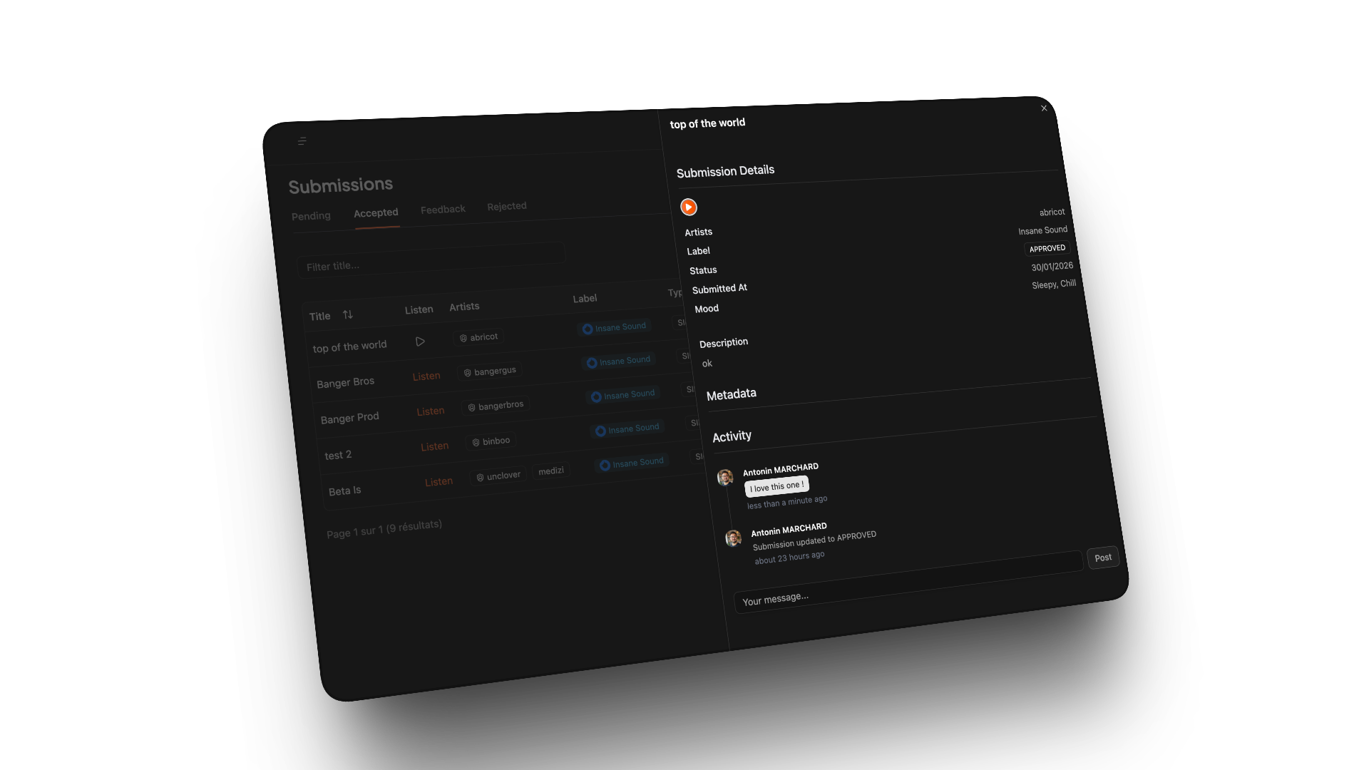 Private notes feature on demo submissions