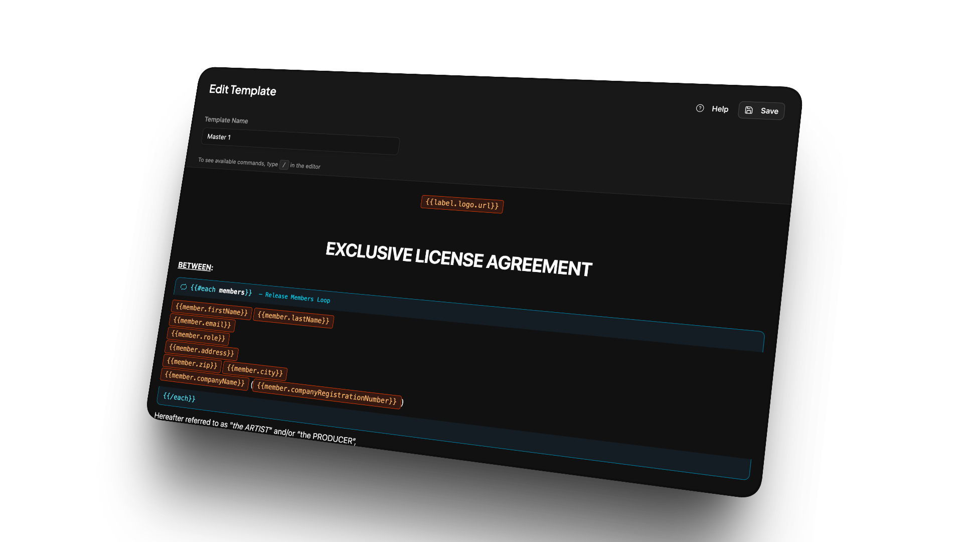 Contract template editor with dynamic variables