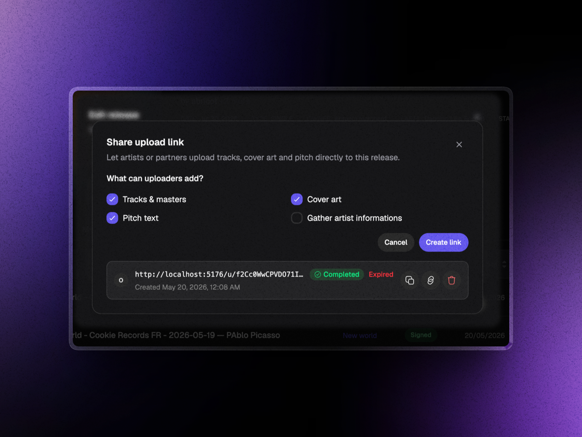 Share an upload link to collect assets & artist info